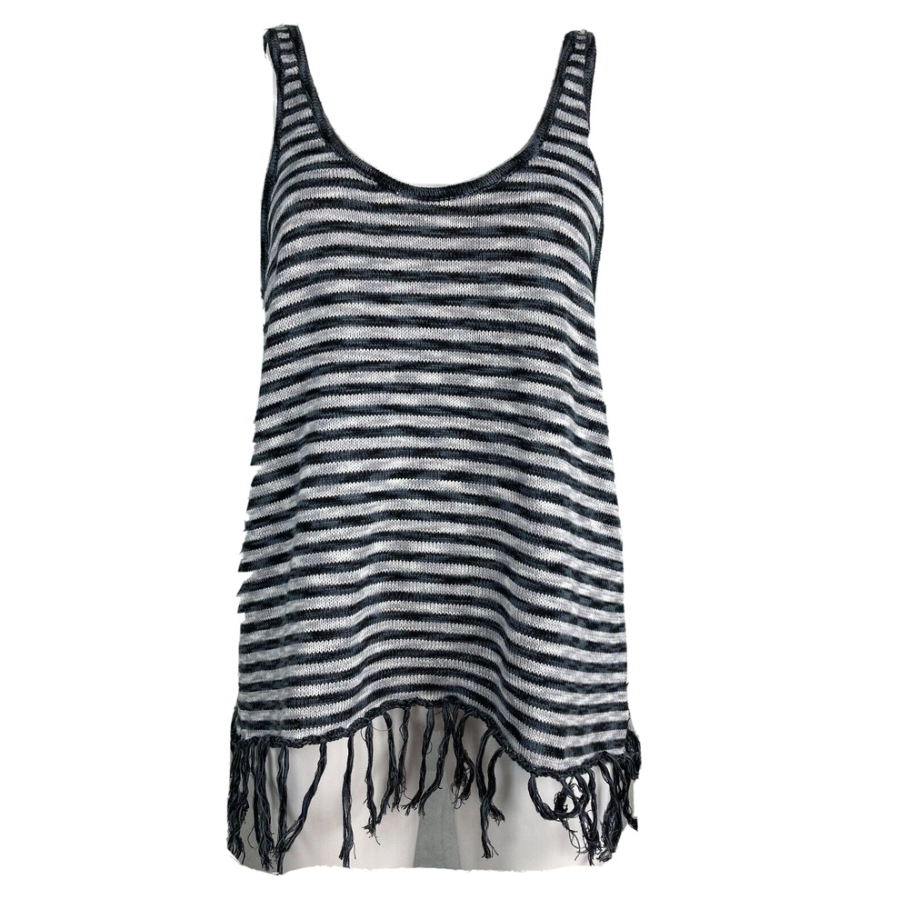 Poof Sweater Tank Women Sz L Black Gray Striped Knit Cotton Open Back Top Fringe